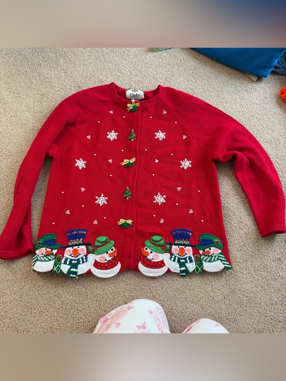 Vintage tiara Red Snowman Christmas sweater Cardigan